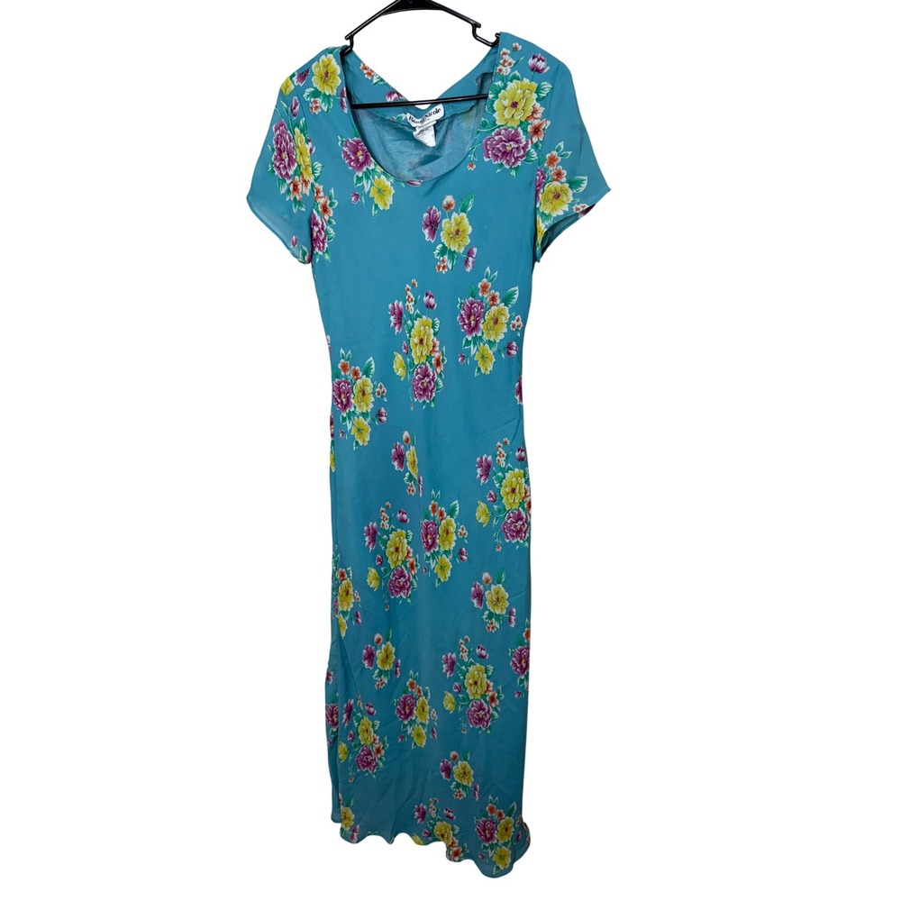 Vintage Ronni Nicole by Ouida Blue Floral Print Maxi Dress Size 14 Short Sleeve